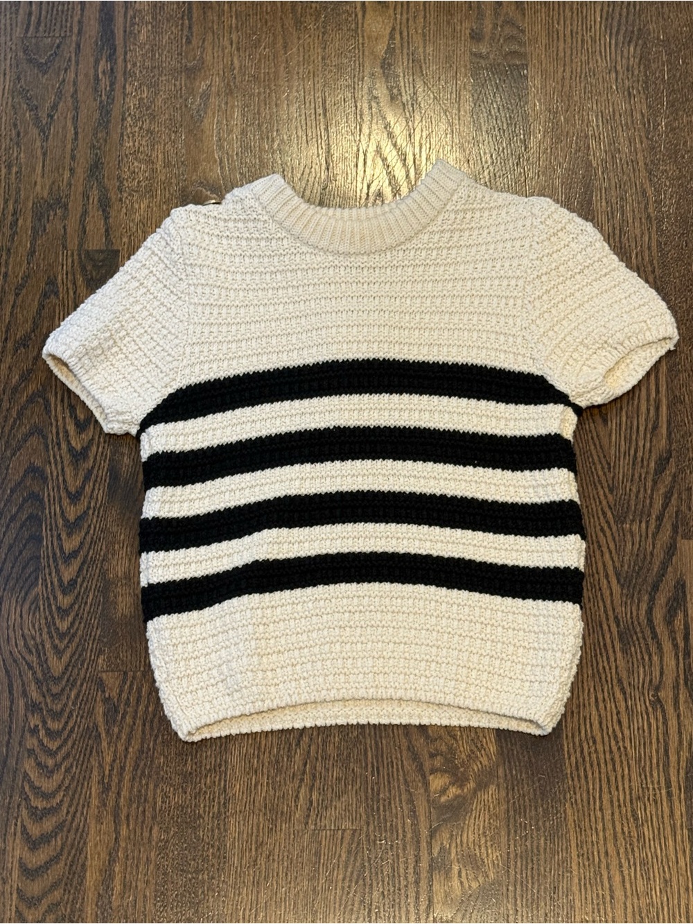 Zara Cream and Black Striped Short-Sleeve Crew Sweater